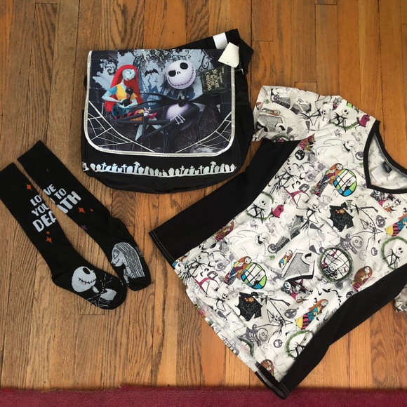 Nightmare before Christmas top – large Messenger bag, knee-high socks, all new - Picture 1 of 4
